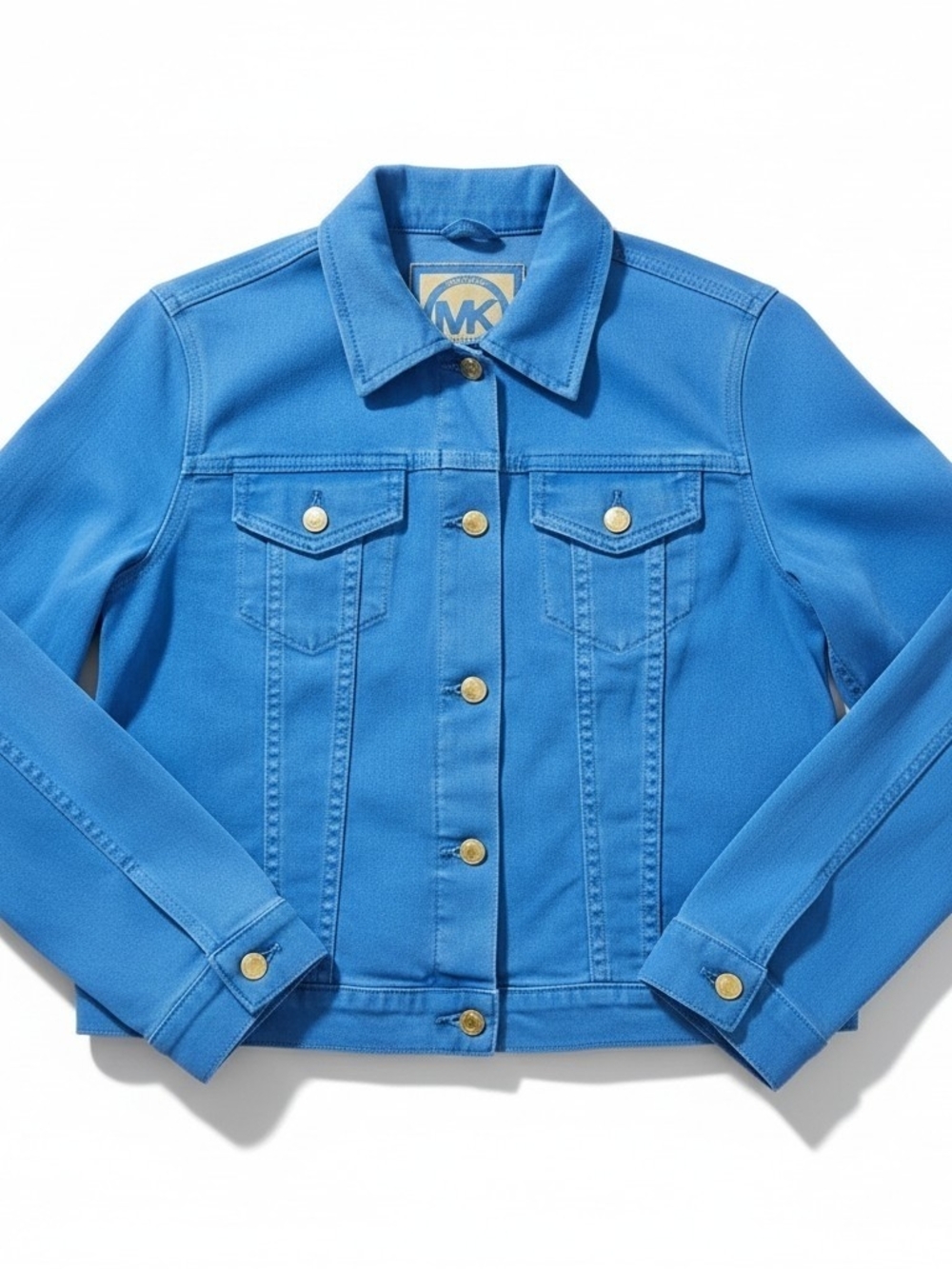 Size L Women Michael Kors Denim Trucker Jacket Blue Gold Hardware MK Logo